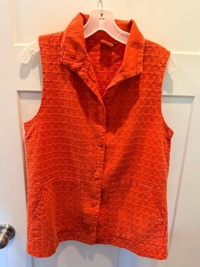Focus Orange Textured Button Front Sleeveless Top Vest Pockets Vintage Style